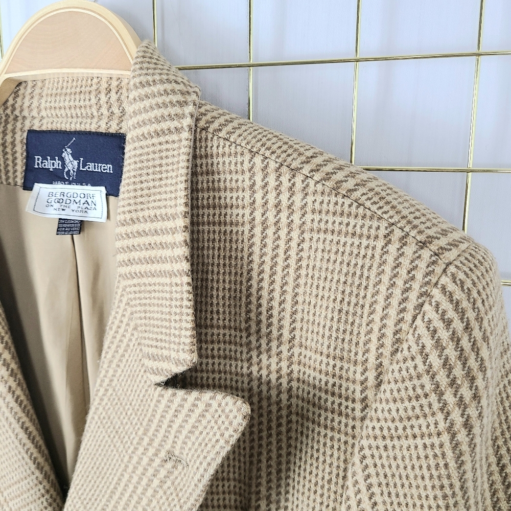 Ralph Lauren Tan Herringbone Wool Blend Double Breasted 90s Vintage Blazer - Picture 4 of 11